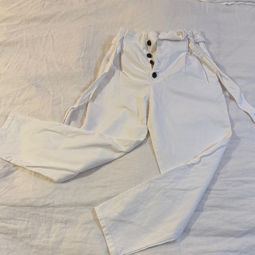White denim H&M pants with self-belt, womens size 2